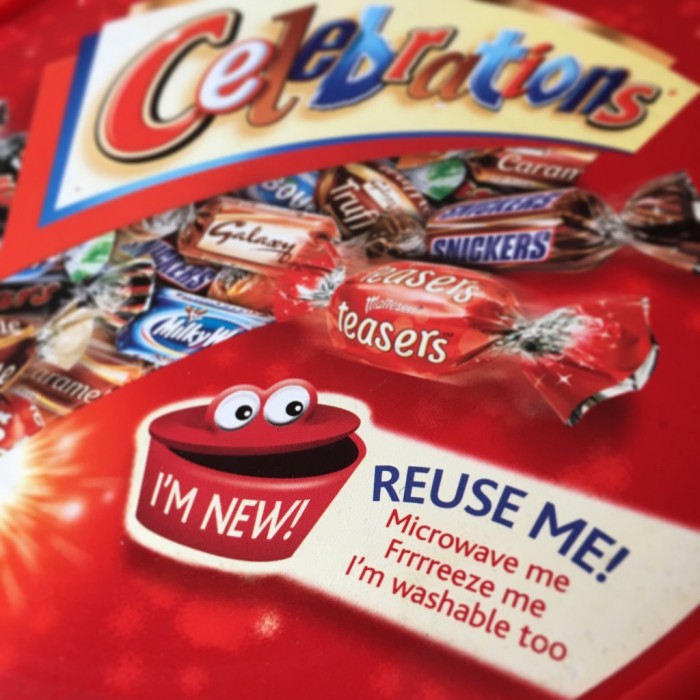 Reuse Me! Confectioners encourage reuse in the home, but not in manufacture.